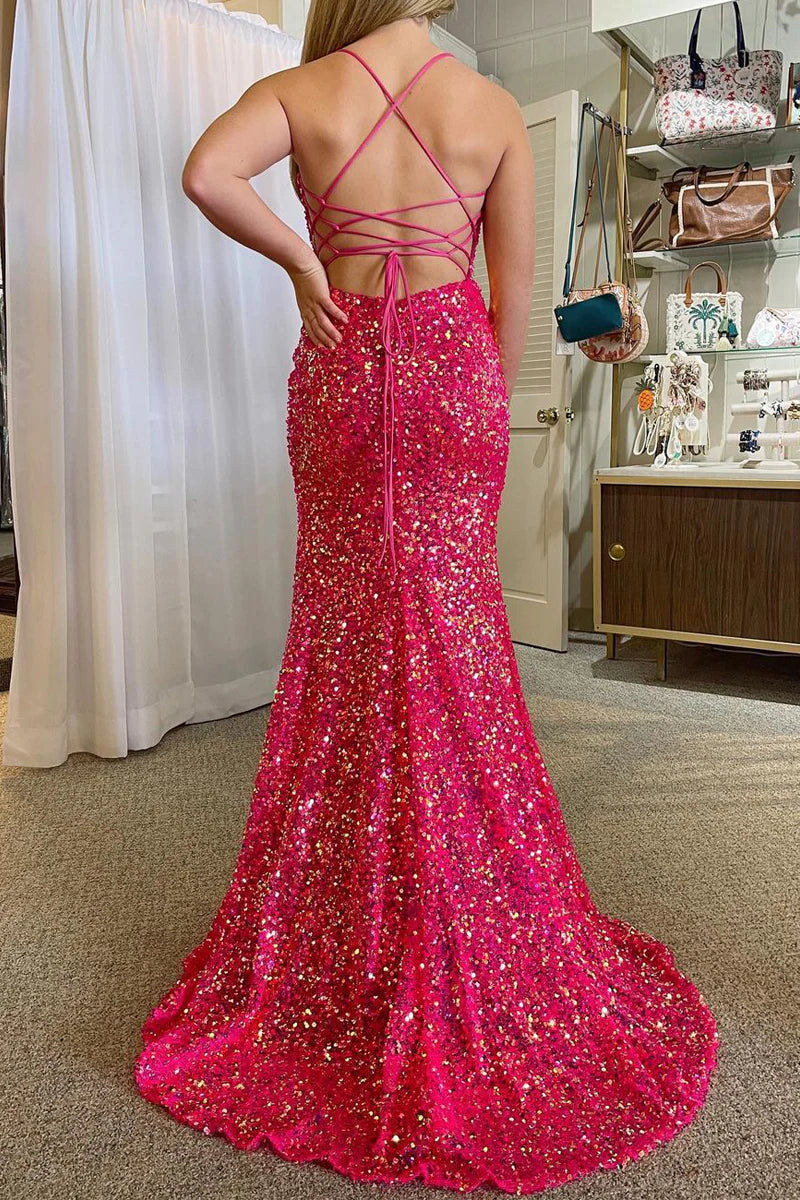 Mermaid Cute Scoop Neck Velvet Sequins Long Prom Dresses with Slit
